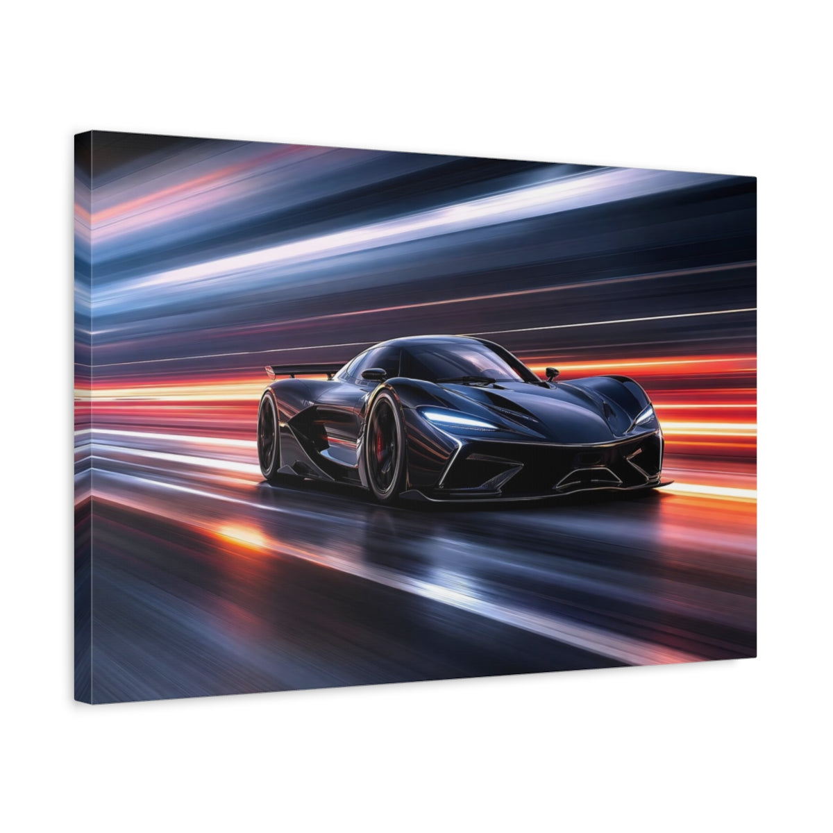 Side Mockup 3. Sports Supercar Dark Car Motion shown as stretched canvas wall art