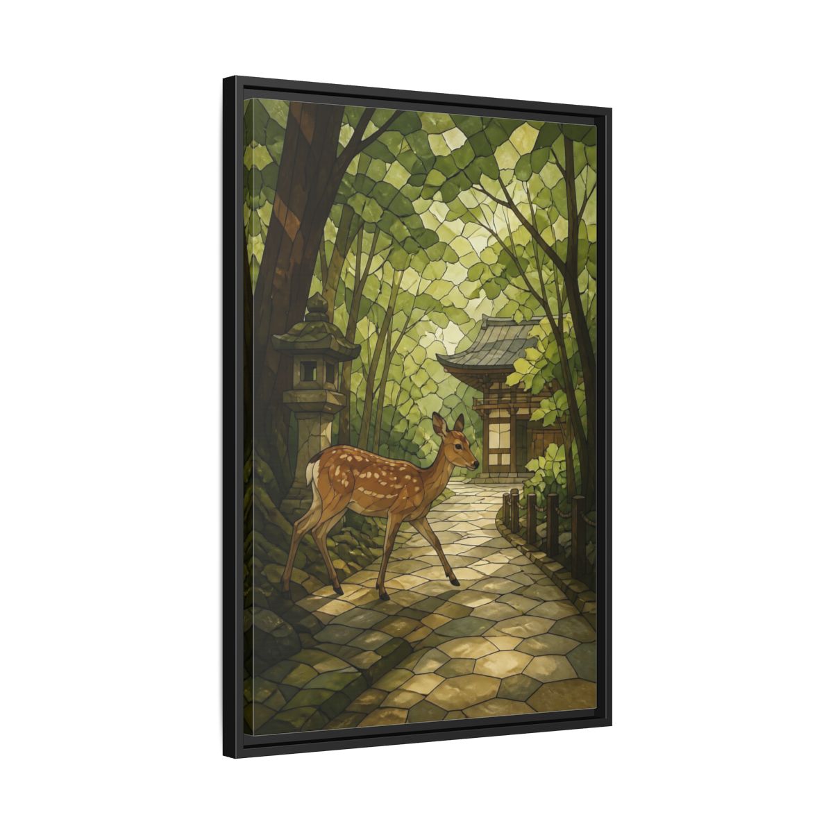 Side Mockup 14. Spotted Deer At Shrine shown as framed canvas print