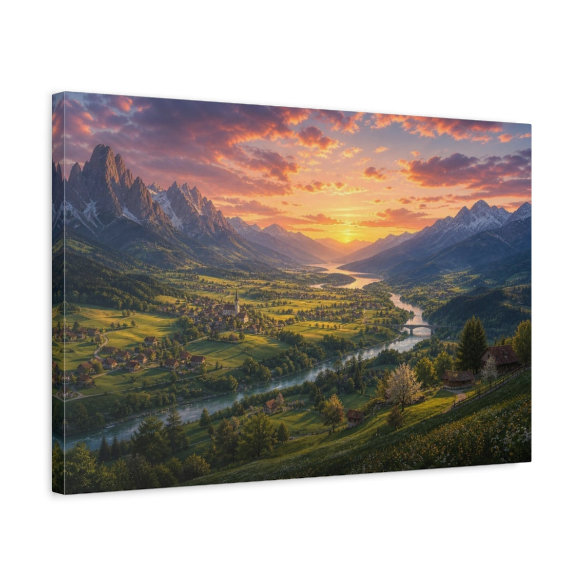 Side Mockup 3. Spring Sunset Mountain Valley shown as canvas print