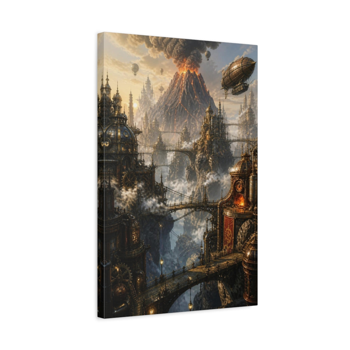 Side Mockup 3. Steampunk Volcanic City shown as canvas print