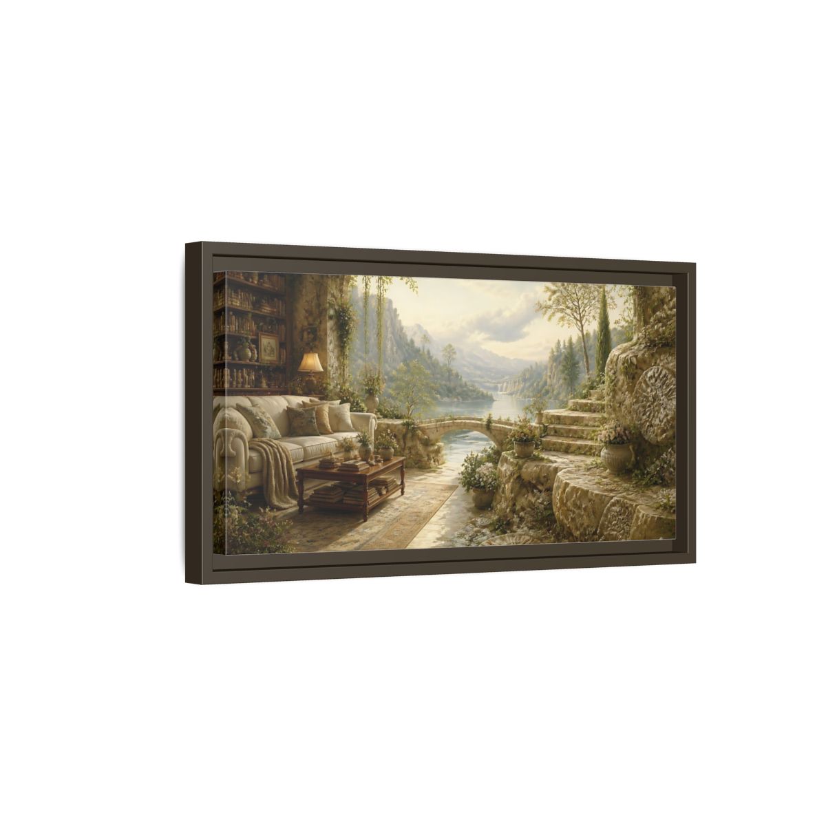 Side Mockup 7. Stone Terrace Lake View shown as framed canvas print