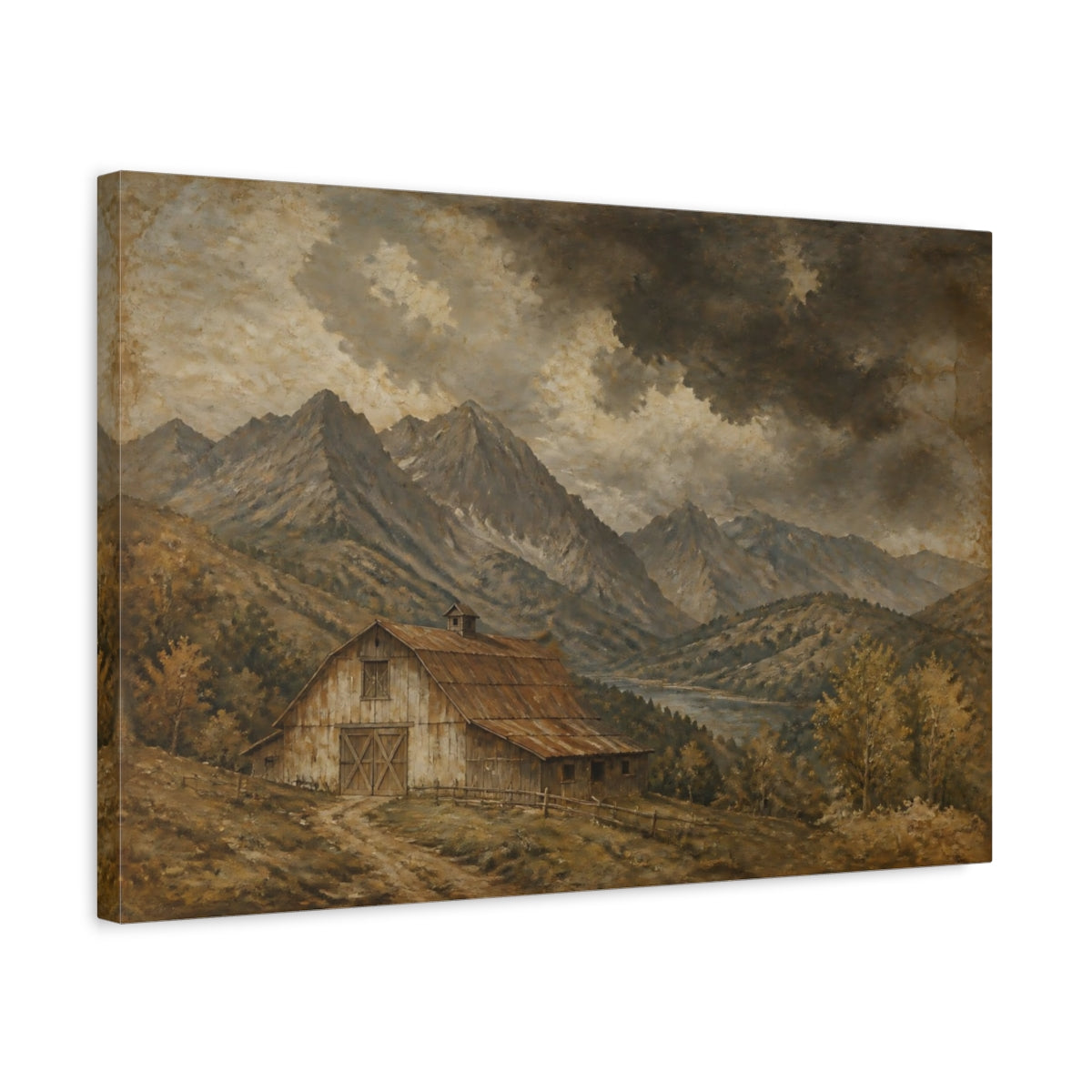 Side Mockup 3. Storm Over Mountain Barn shown as canvas print