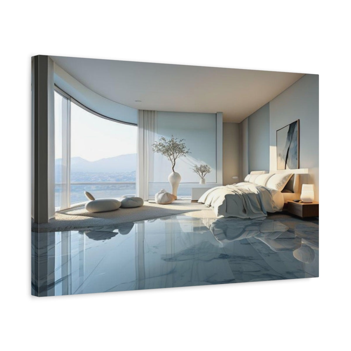 Side Mockup 3. Sunlit Coastal Bedroom shown as canvas print