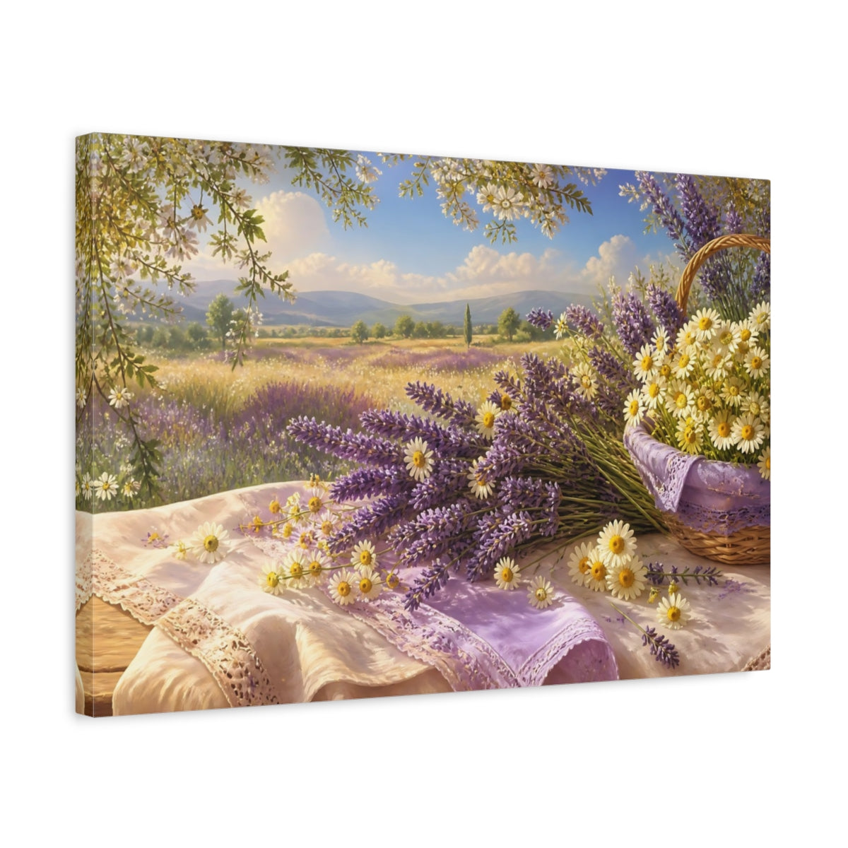 Side Mockup 3. Sunlit Lavender & Daisies shown as canvas print