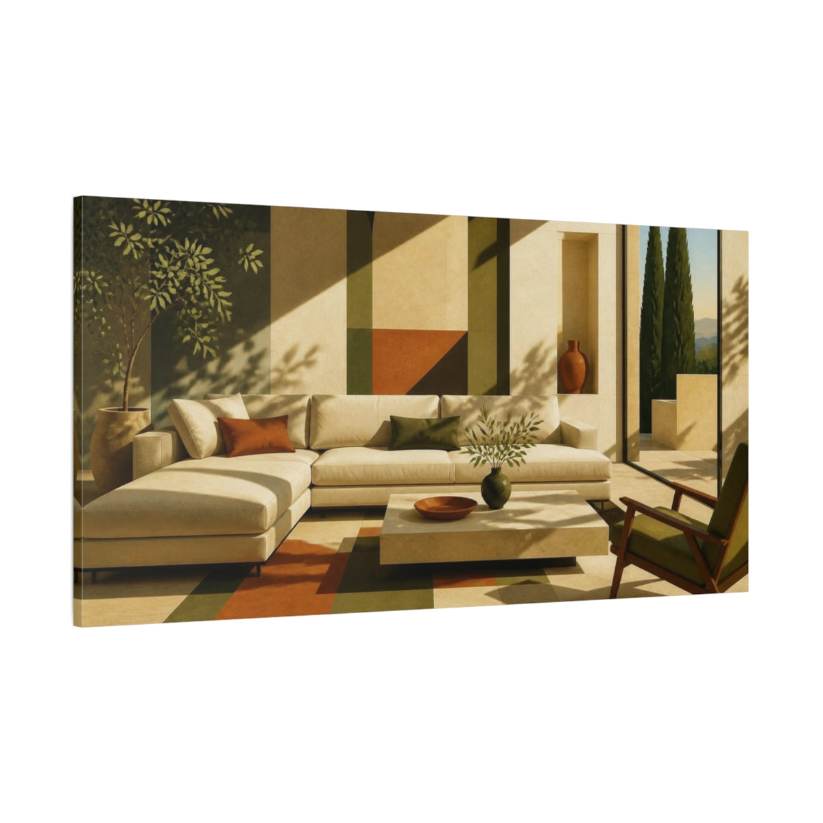 Side Mockup 2. Sunlit Living Room Sofa shown as canvas print