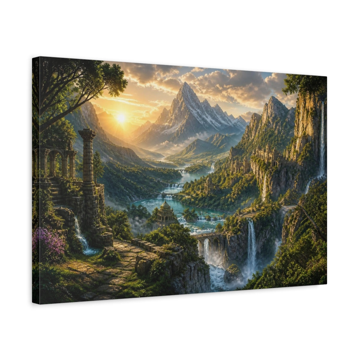 Side Mockup 3. Sunlit Mountain Landscape shown as canvas print