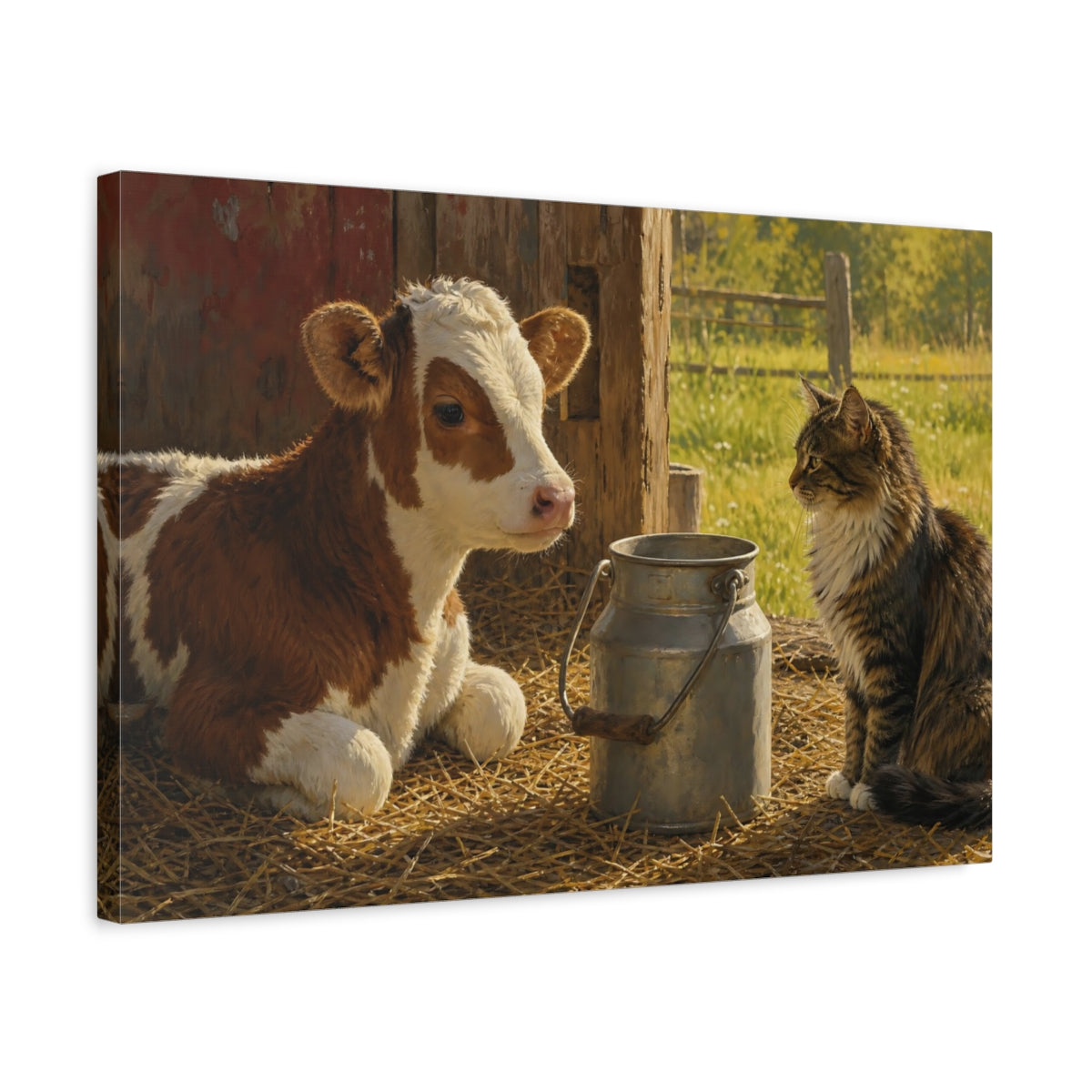 Side Mockup 3. Sunlit Natural Realism Barn Cat Near Milk Pail shown as stretched canvas wall art