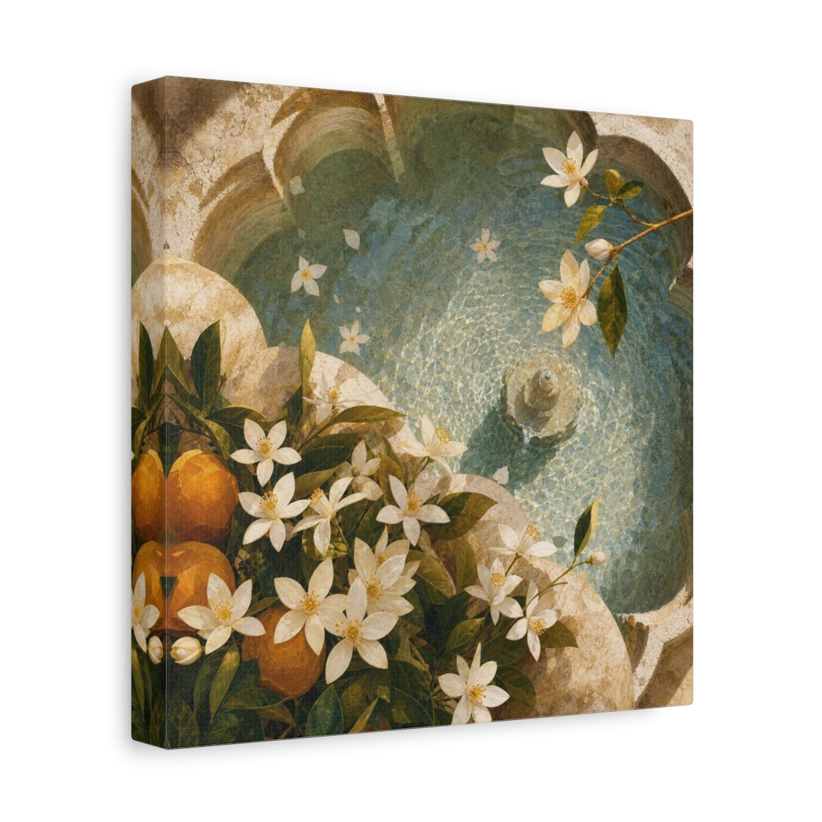 Side Mockup 9. Sunlit Orange Blossom Fountain shown as canvas print