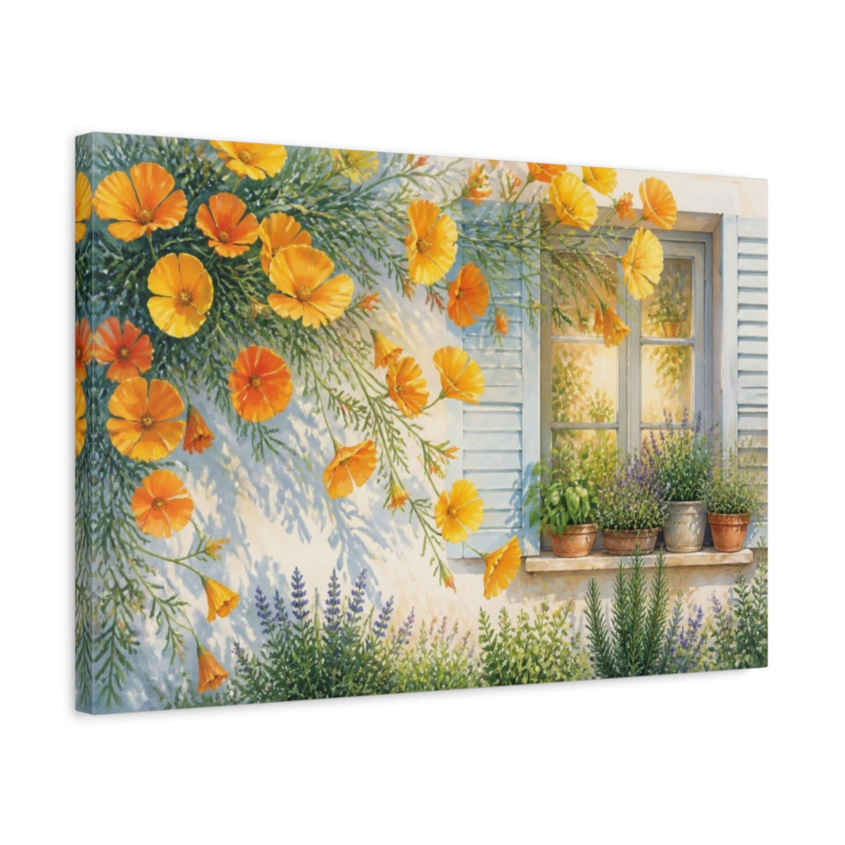 Side Mockup 3. Sunlit Poppies At Window shown as canvas print