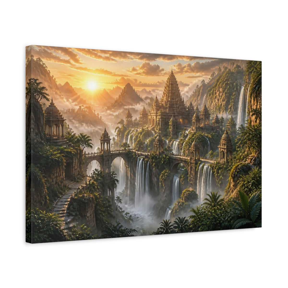Side Mockup 3. Sunlit Waterfall Temple shown as canvas print