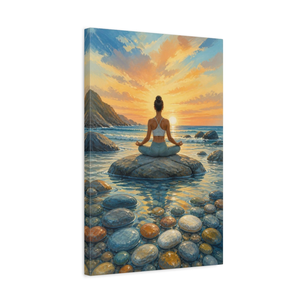 Side Mockup 3. Sunrise Beach Yoga shown as canvas print