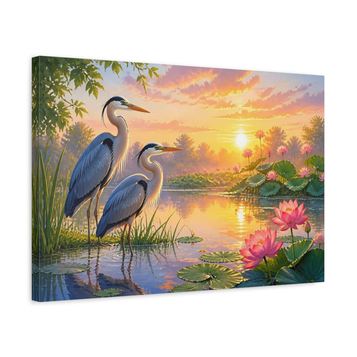 Side Mockup 3. Sunrise Herons At Lotus Pond shown as canvas print