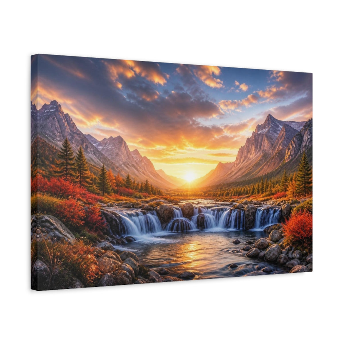 Side Mockup 3. Sunrise Mountain Waterfall shown as canvas print