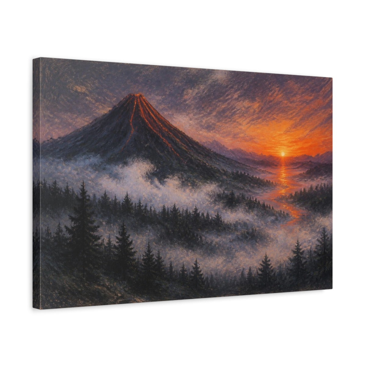 Side Mockup 3. Sunrise Over Volcanic Cone shown as canvas print