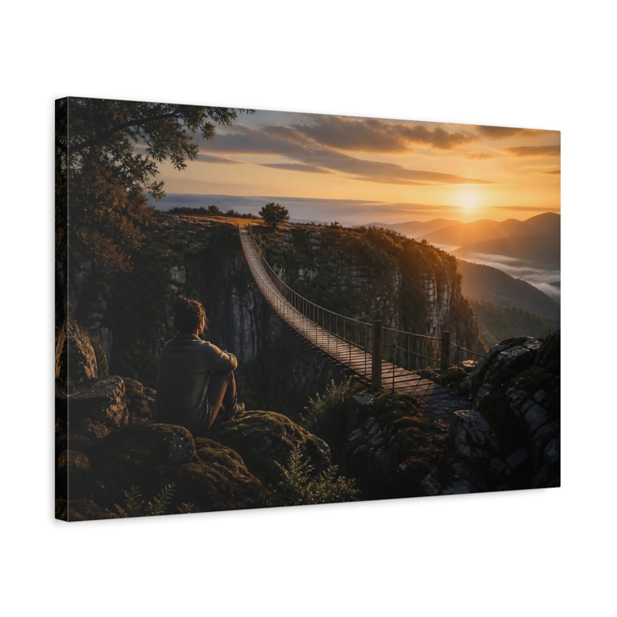 Sunrise Suspension Bridge Canvas Print – Living Room, Above Console Table, Golden - YesArtYes