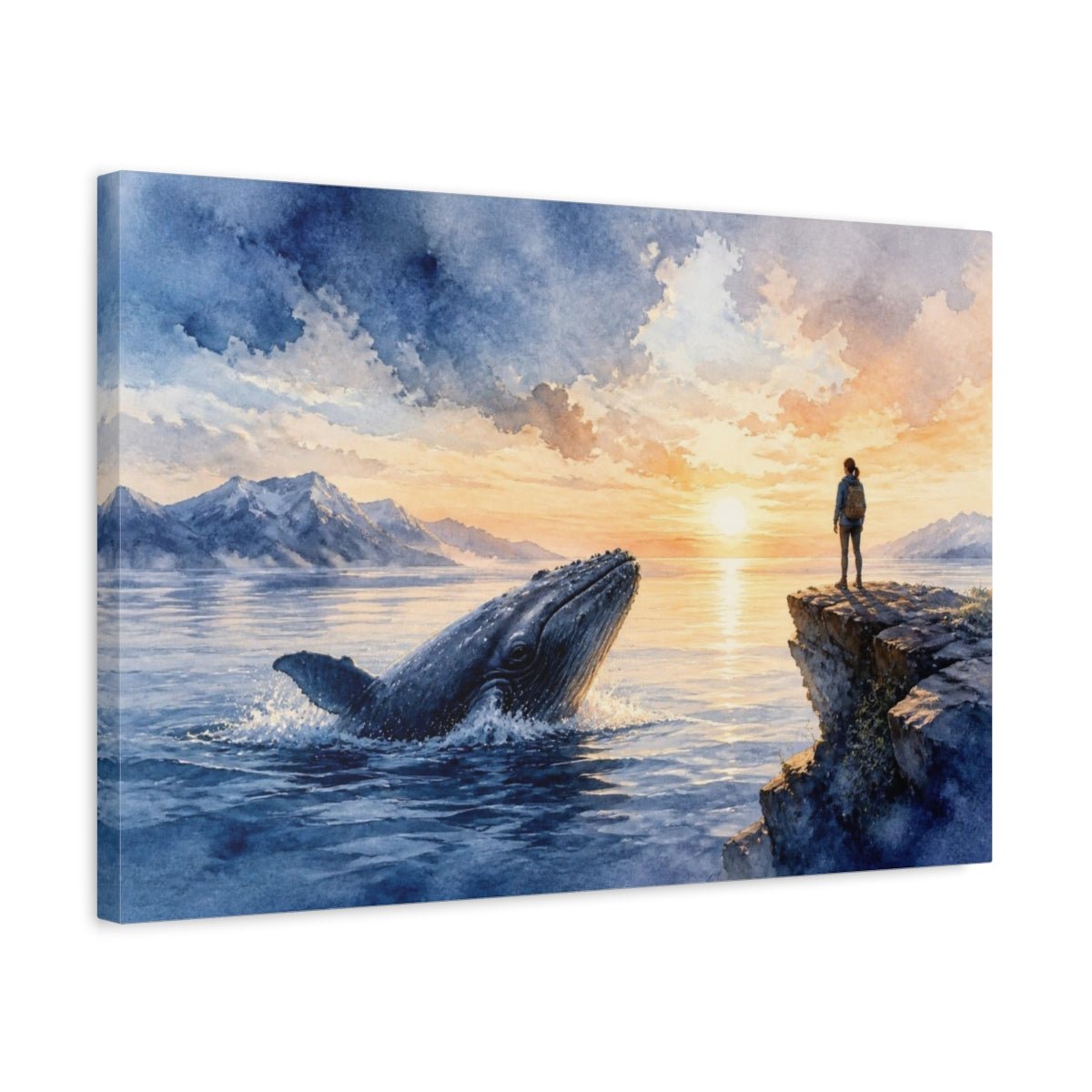 Sunrise Whale Motivation Canvas Print – Living Room, Above Console Table, Indigo & Peach - YesArtYes