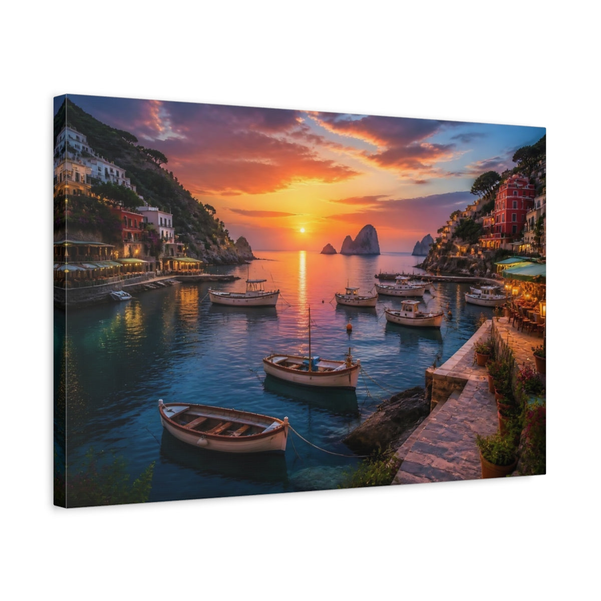 Side Mockup 3. Sunset Harbor At Dusk shown as canvas print