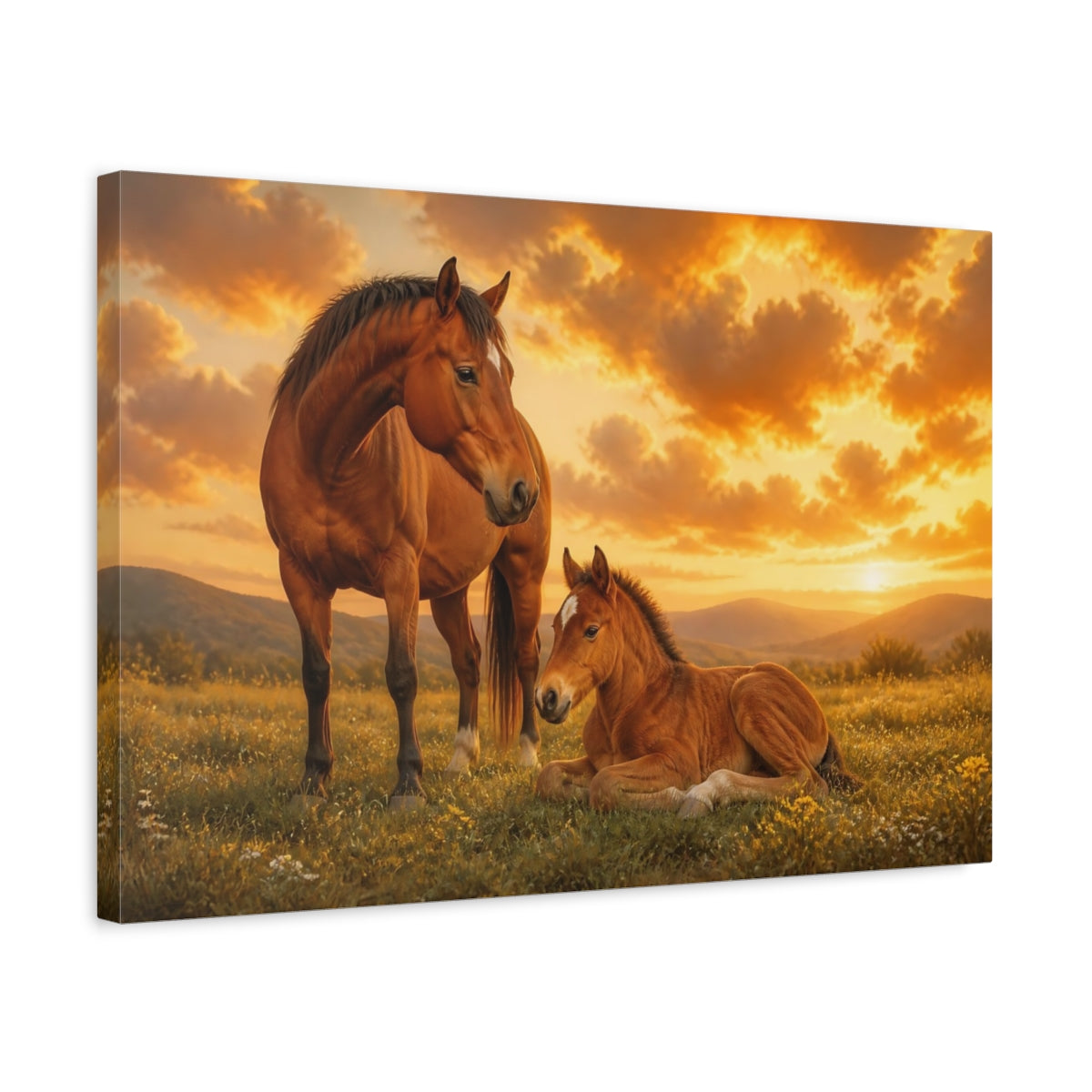 Side Mockup 3. Sunset Mare And Foal shown as canvas print
