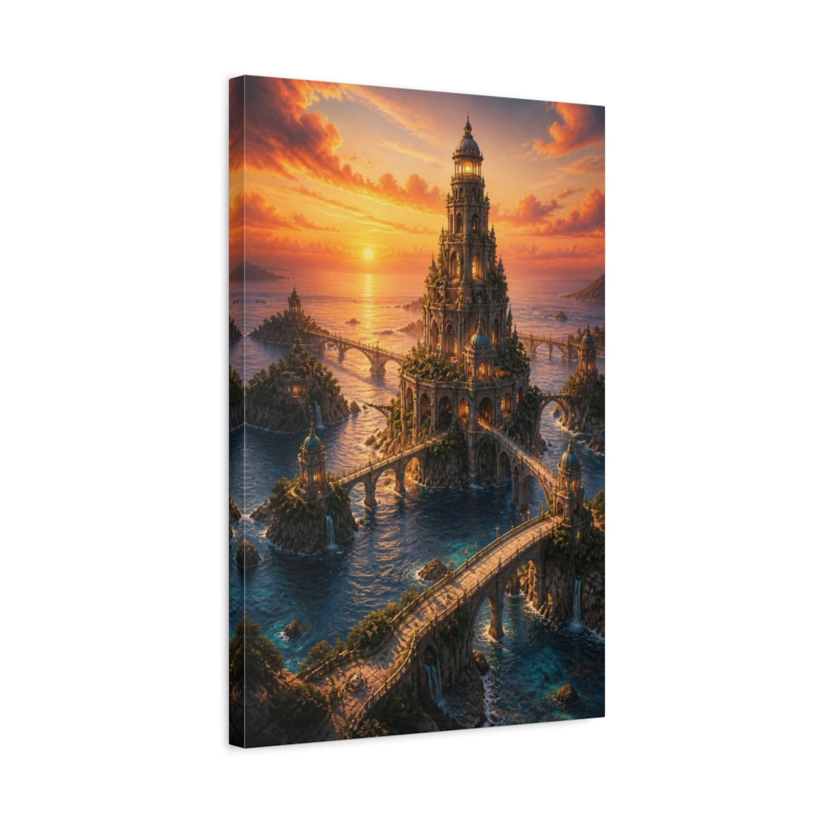 Side Mockup 3. Sunset Ocean Tower shown as canvas print