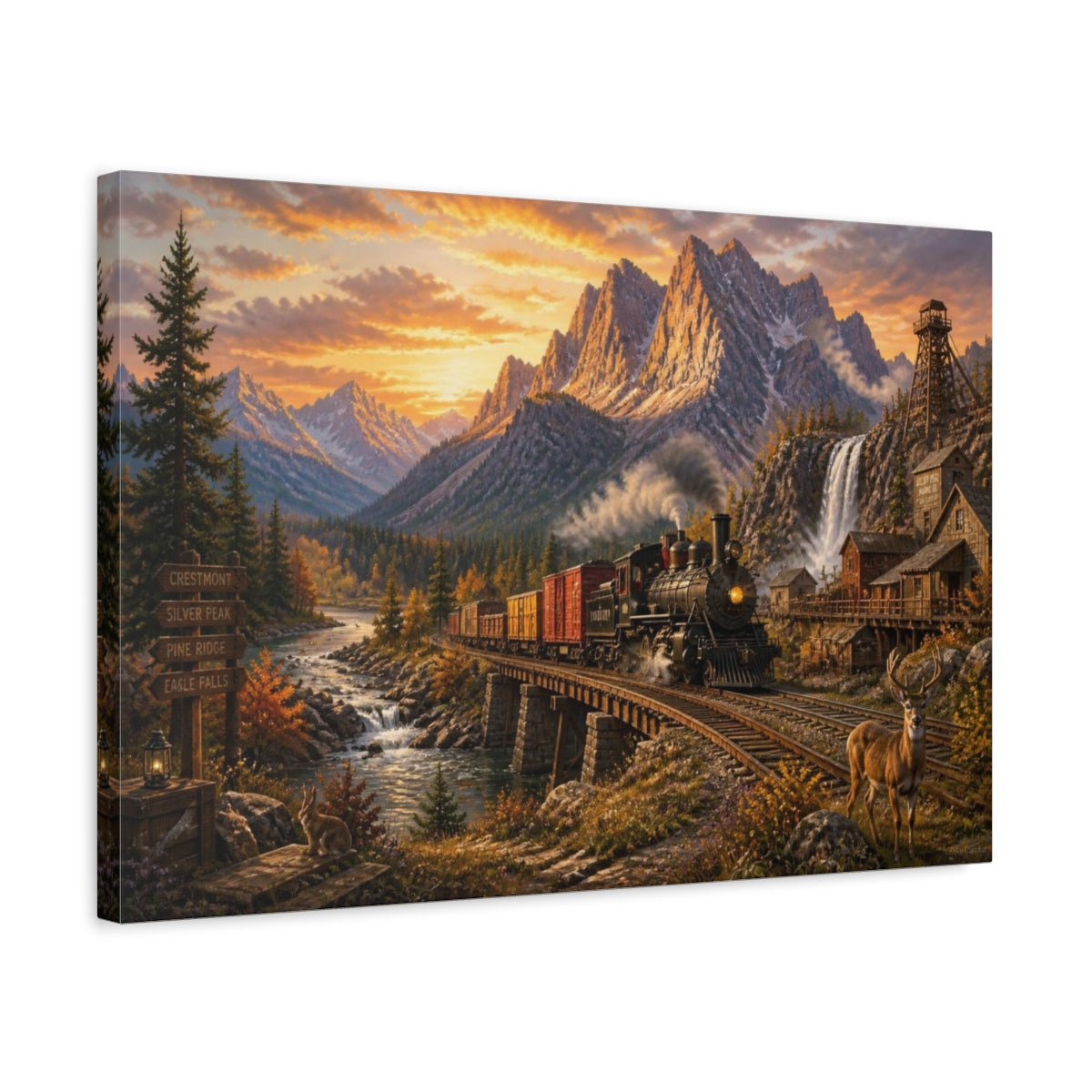 Side Mockup 3. Sunset Steam Train shown as canvas print