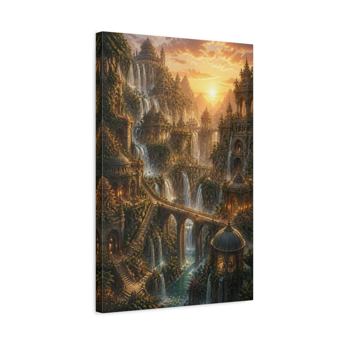 Side Mockup 3. Sunset Waterfall Empire shown as canvas print