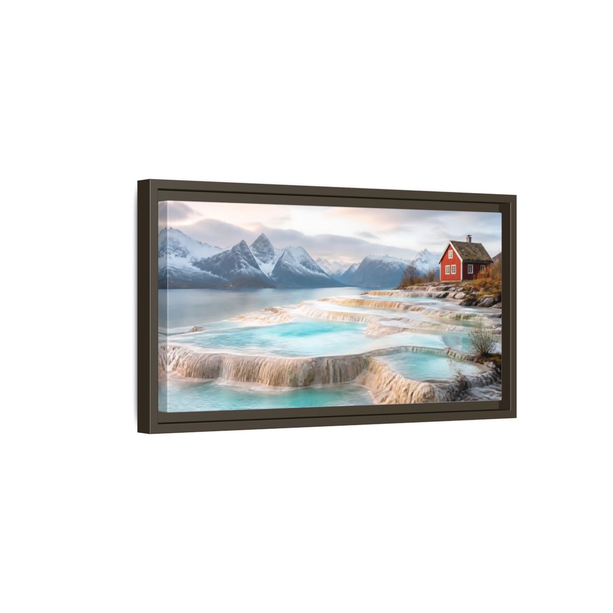 Side Mockup 7. Terraced Pools And Red Cabin shown as framed canvas print