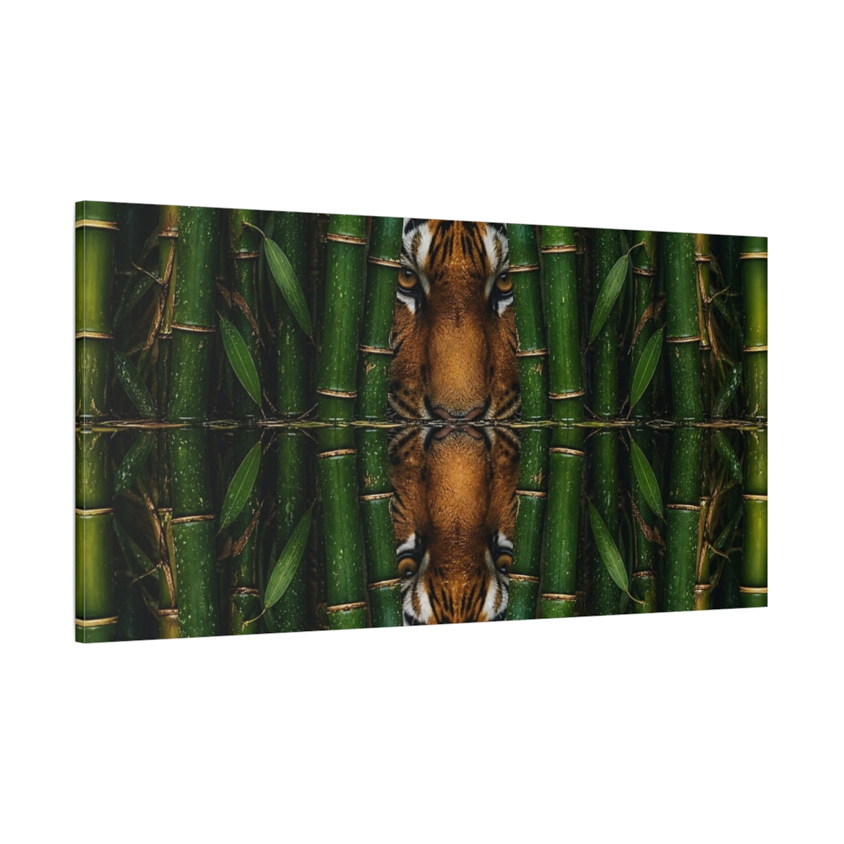 Side Mockup 2. Tiger In Bamboo Reflection shown as canvas print