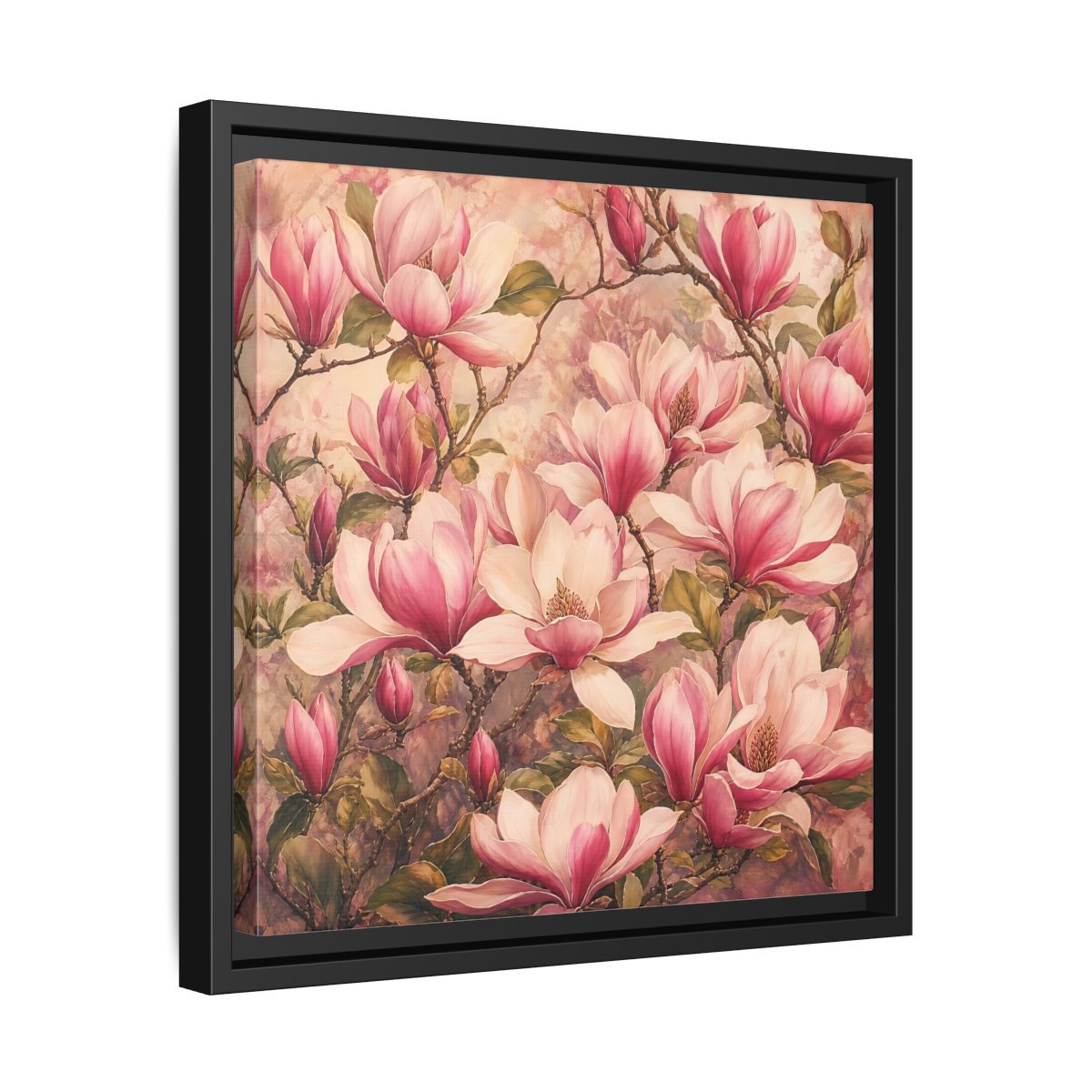 Side Mockup 32. Timeless Heritage Painting Pink Magnolia Blossoms On Branch shown as stretched canvas wall art