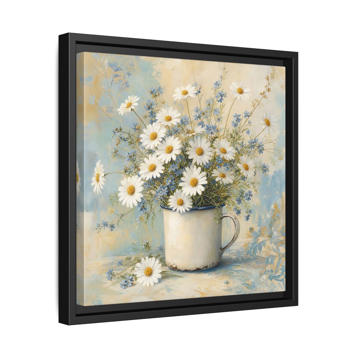 Side Mockup 32. Timeless Heritage Painting White Daisies In Enamel Cup shown as stretched canvas wall art