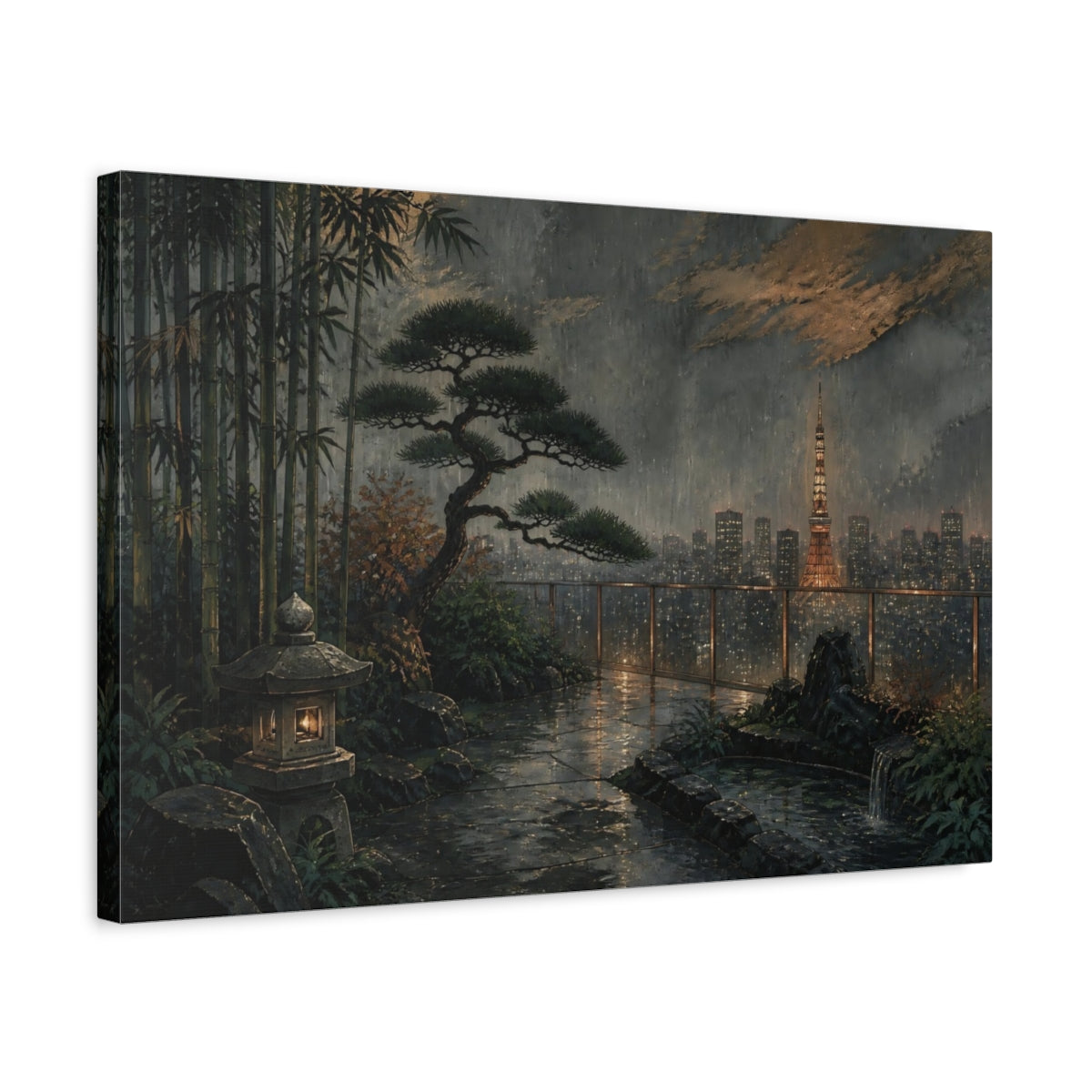 Side Mockup 3. Tokyo Garden At Dusk shown as canvas print