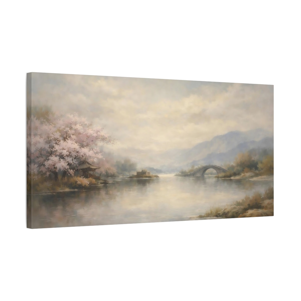 Side Mockup 2. Nature Cherry Blossoms Pale Pink Landscape shown as stretched canvas wall art