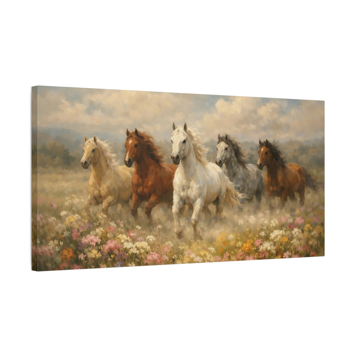 Side Mockup 2. Animals Horses Running Horses Meadow shown as stretched canvas wall art
