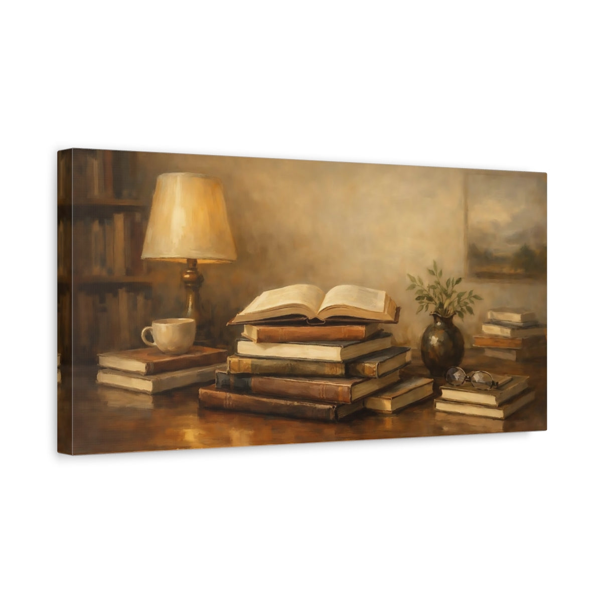 Side Mockup 3. Vintage Books Brown Books Still Life shown as stretched canvas wall art
