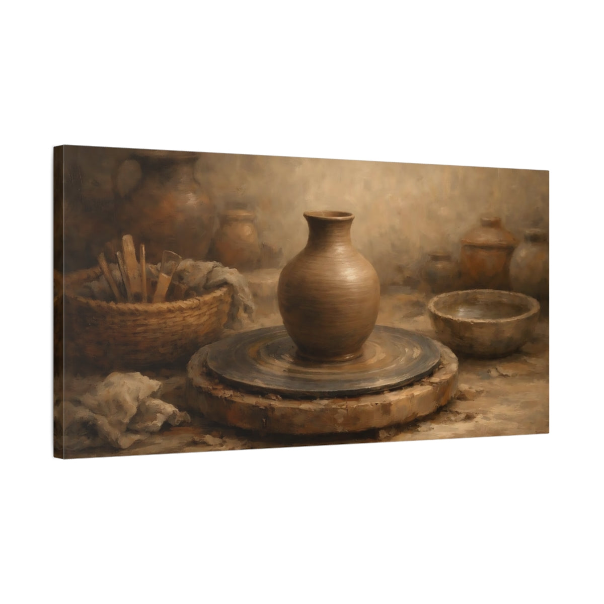 Side Mockup 2. Vintage Pottery Brown Pottery shown as stretched canvas wall art