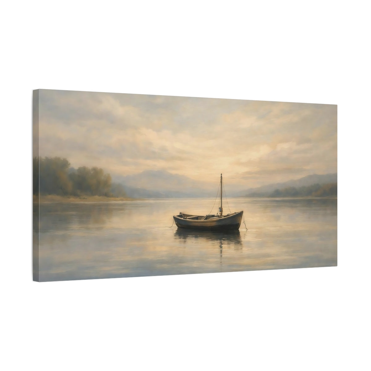 Side Mockup 2. Nature Boat Misty Boat Lake shown as stretched canvas wall art