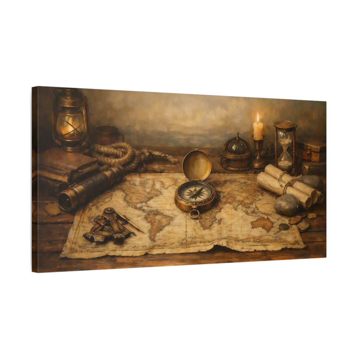 Side Mockup 2. Vintage Vintage Map Brown And Gold shown as stretched canvas wall art