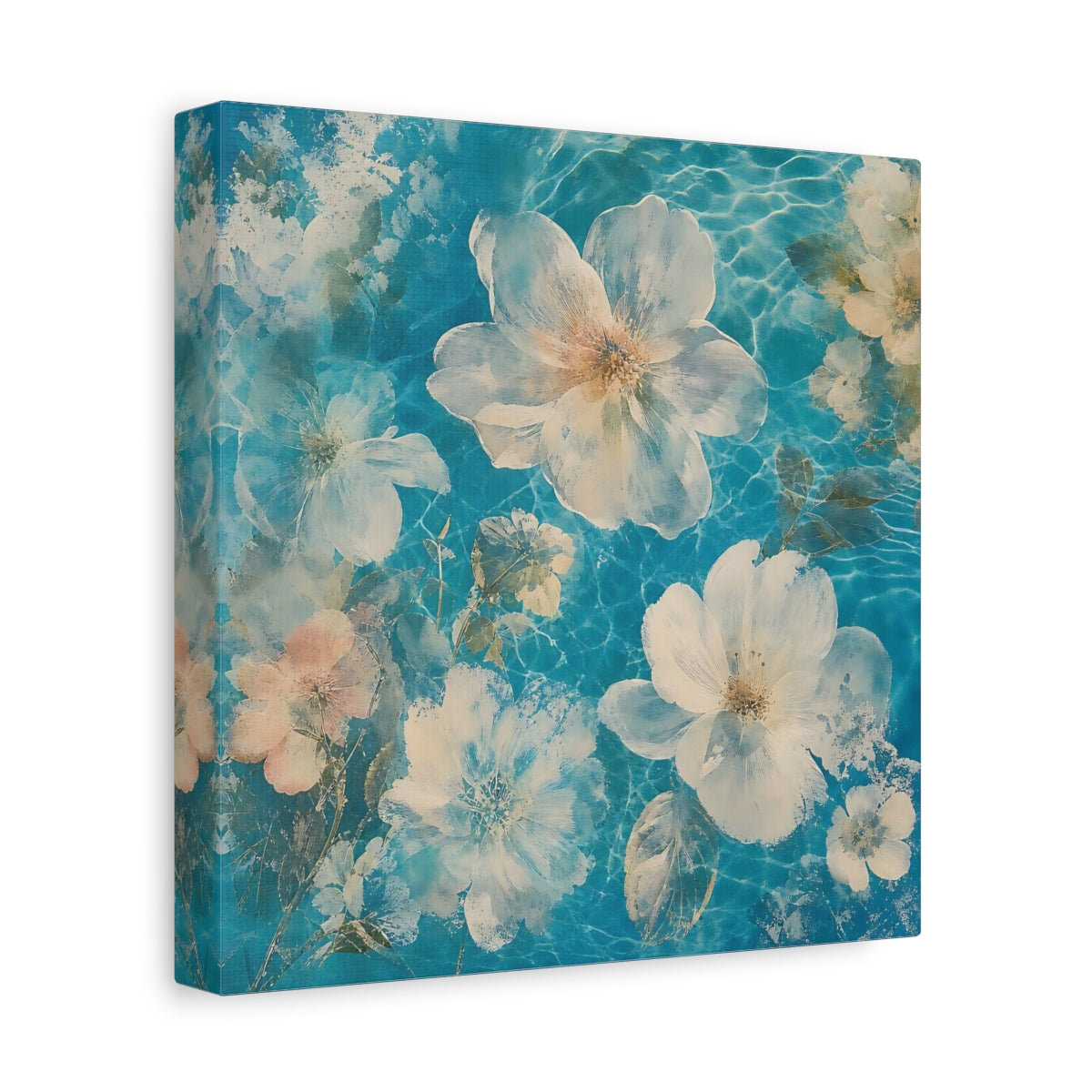 Side Mockup 9. Turquoise Floating Blossoms shown as canvas print