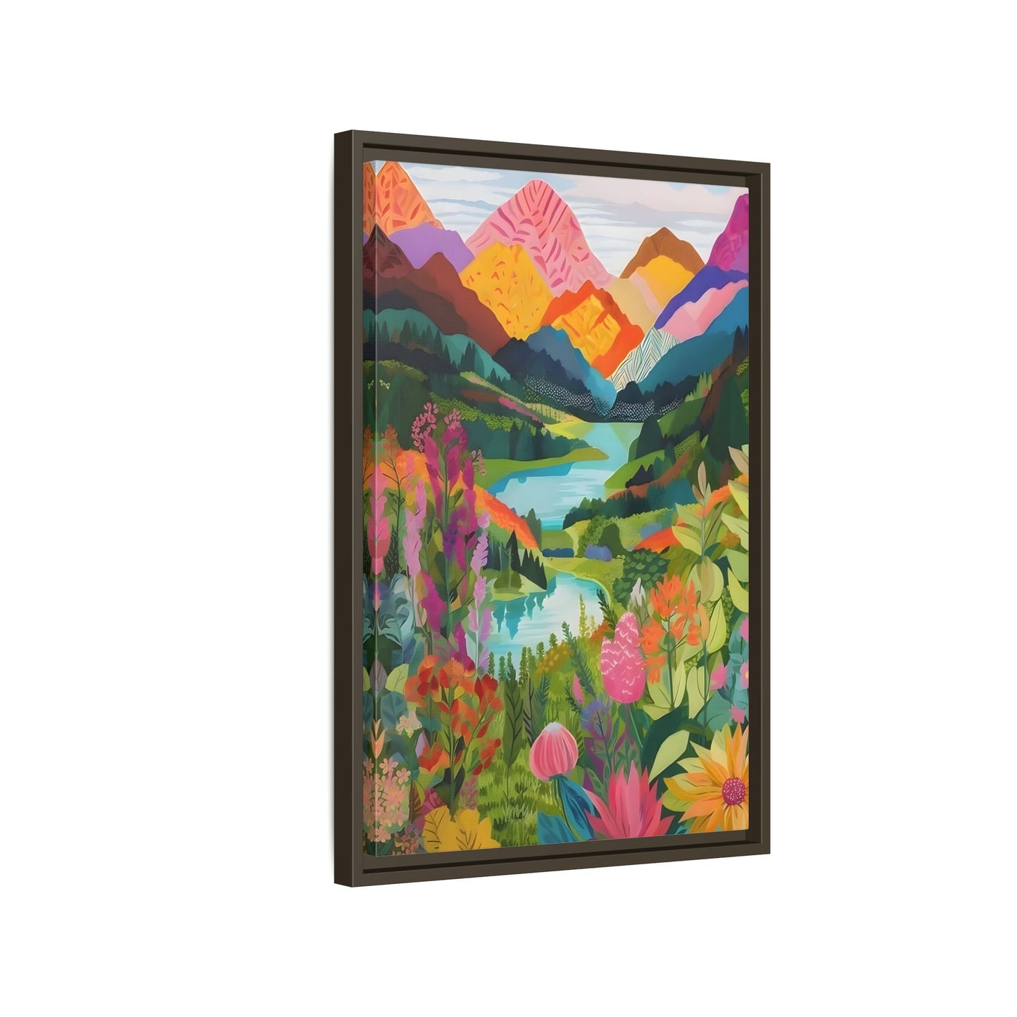 Vibrant Framed Abstract Mountain Canvas Print - Colorful Floral Wall Art