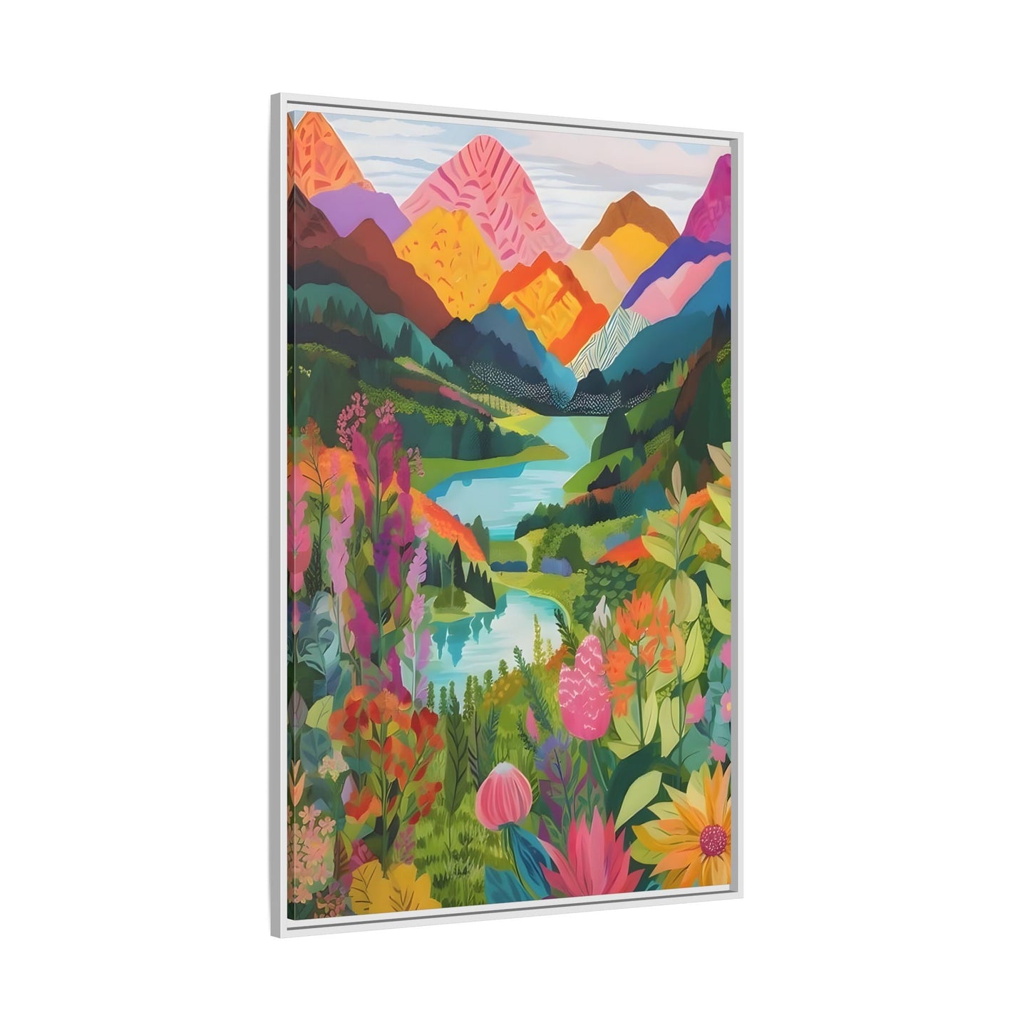 Vibrant Framed Abstract Mountain Canvas Print - Colorful Floral Wall Art
