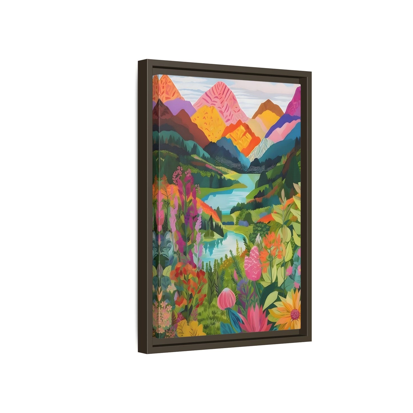 Vibrant Framed Abstract Mountain Canvas Print - Colorful Floral Wall Art