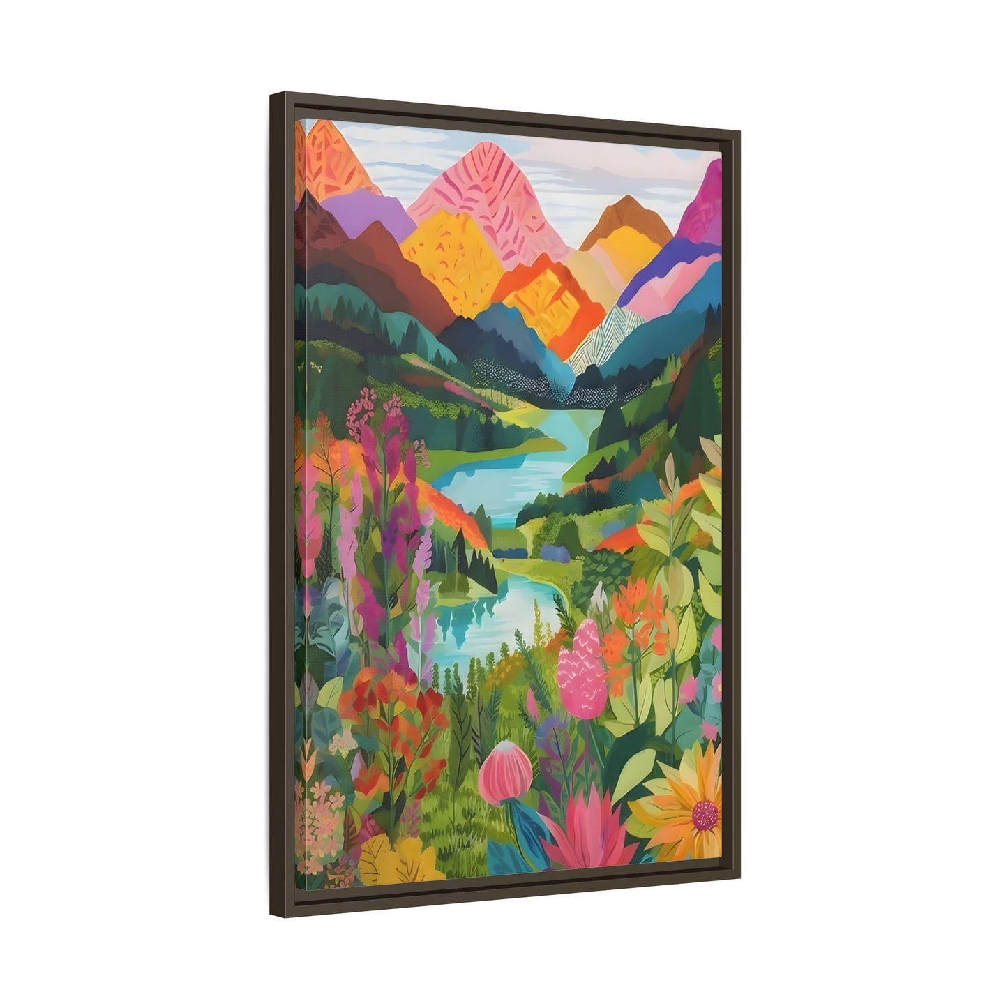 Vibrant Framed Abstract Mountain Canvas Print - Colorful Floral Wall Art