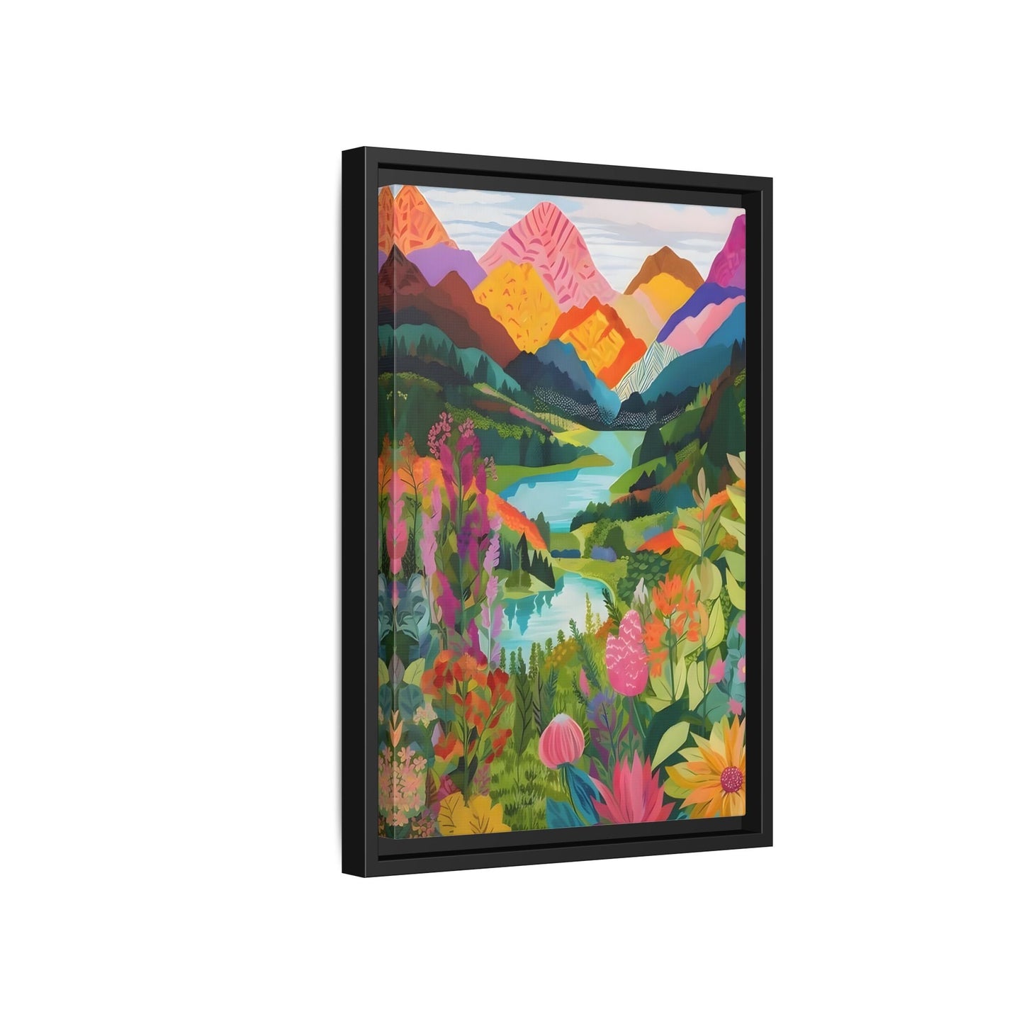 Vibrant Framed Abstract Mountain Canvas Print - Colorful Floral Wall Art