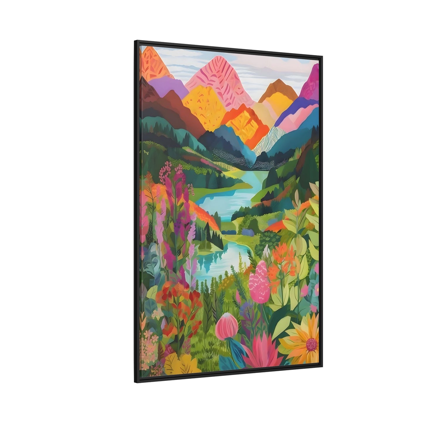 Vibrant Framed Abstract Mountain Canvas Print - Colorful Floral Wall Art
