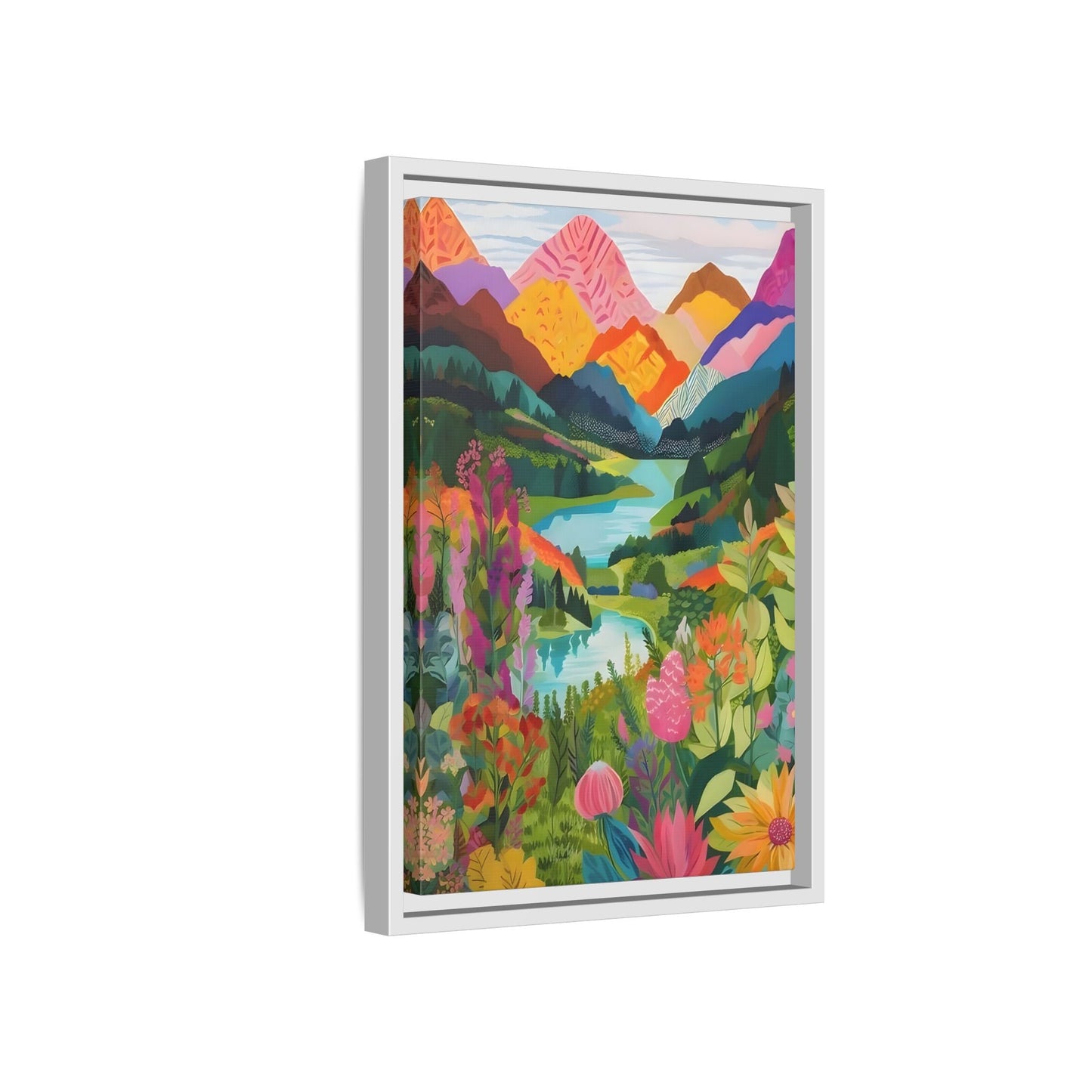 Vibrant Framed Abstract Mountain Canvas Print - Colorful Floral Wall Art