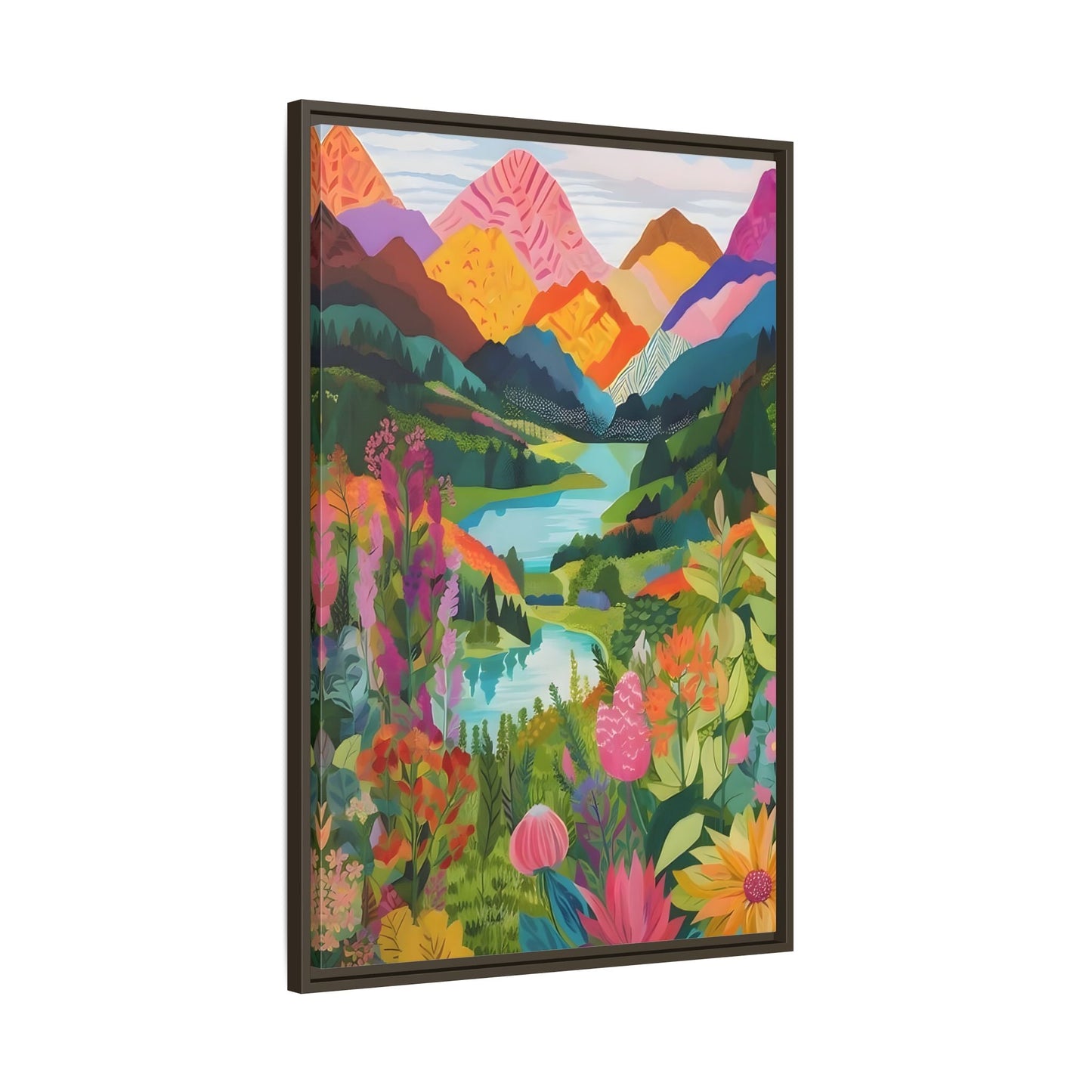 Vibrant Framed Abstract Mountain Canvas Print - Colorful Floral Wall Art