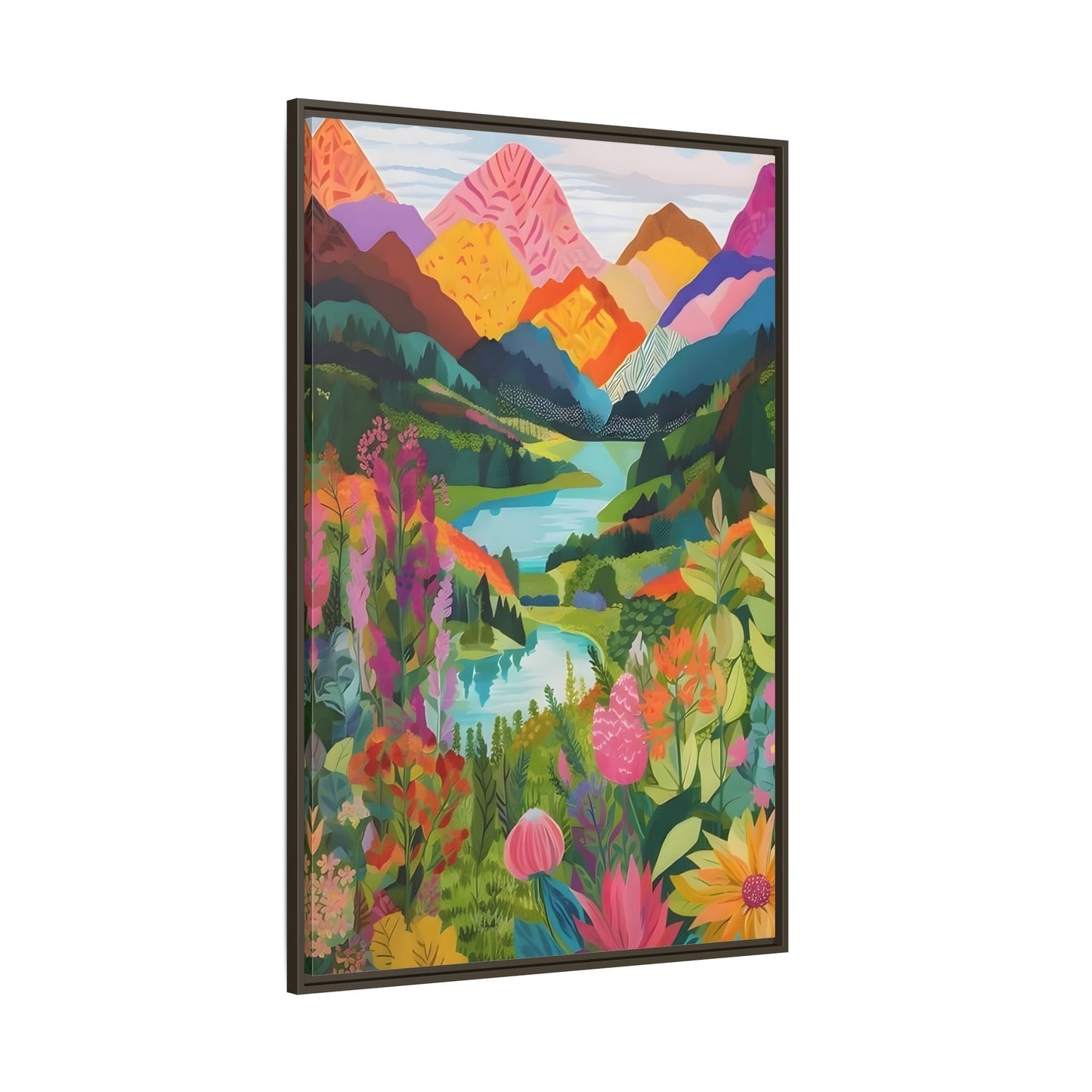 Vibrant Framed Abstract Mountain Canvas Print - Colorful Floral Wall Art