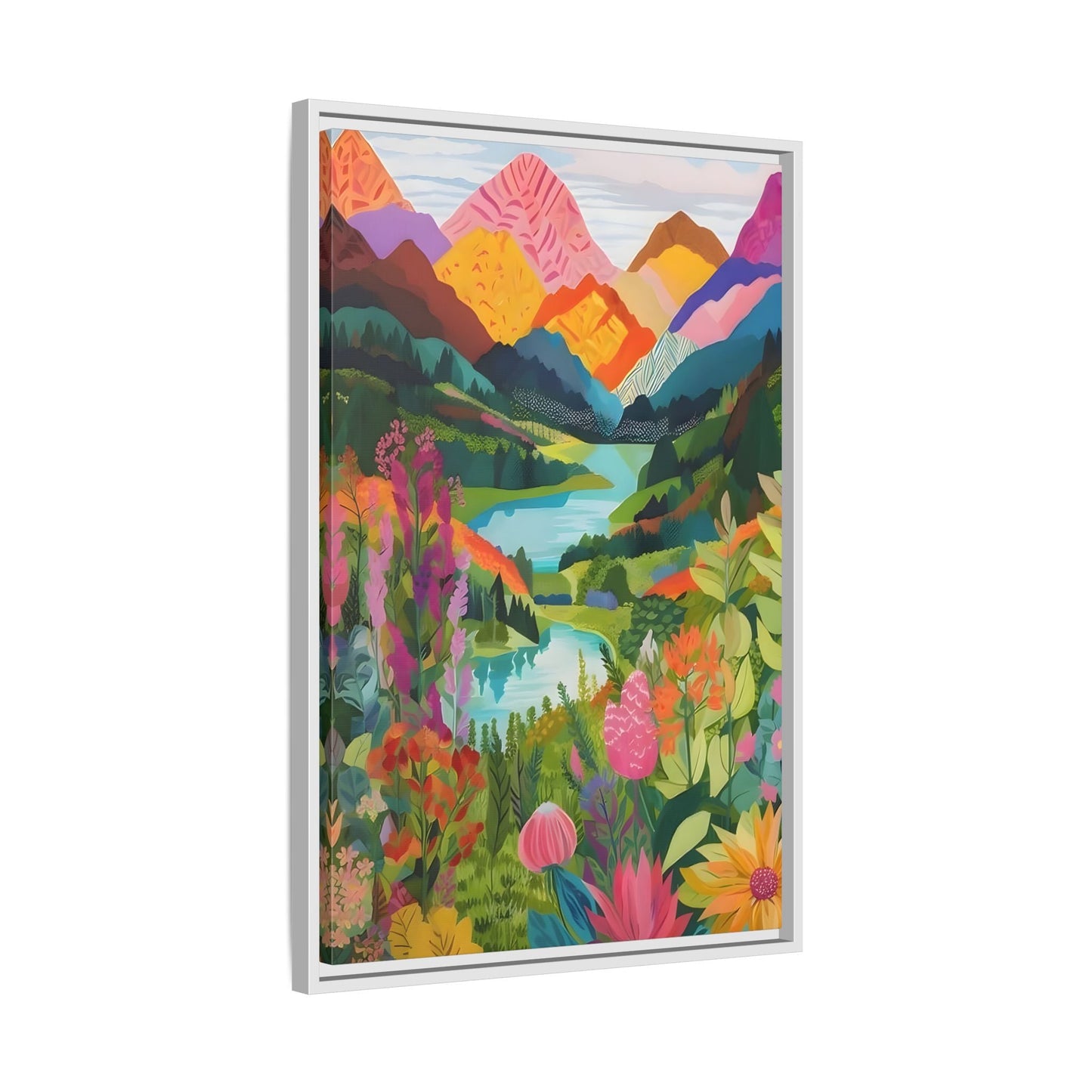 Vibrant Framed Abstract Mountain Canvas Print - Colorful Floral Wall Art