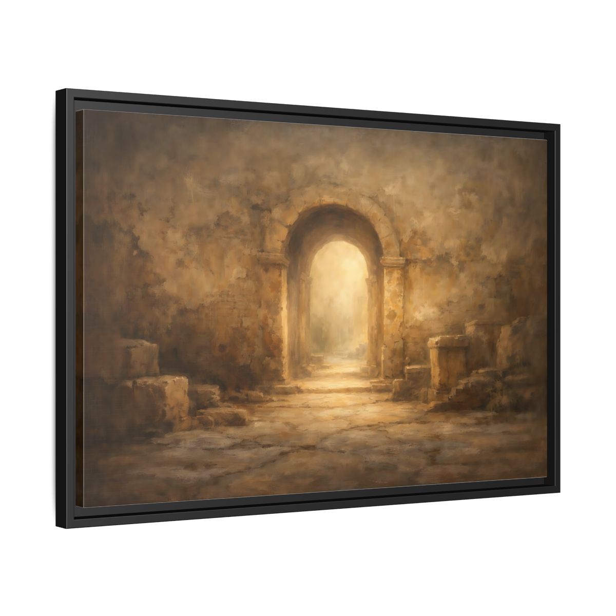 Side Mockup 14. Vintage Ancient Archway Brown And Gold Archway shown as stretched canvas wall art