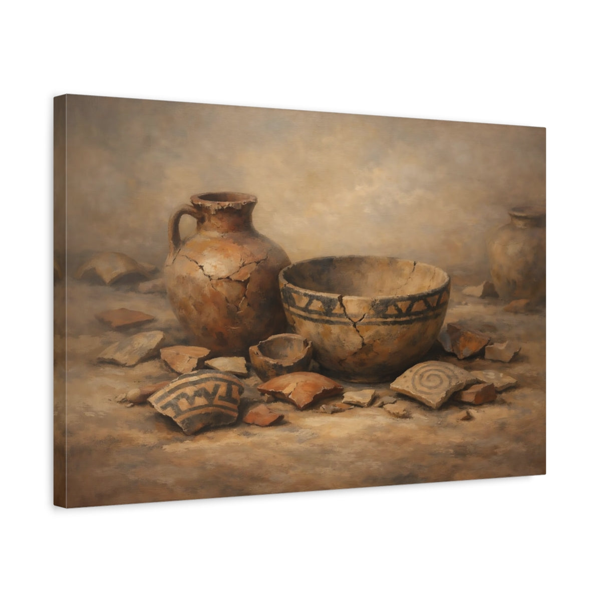 Side Mockup 3. Vintage Ancient Pottery Brown And Beige shown as stretched canvas wall art