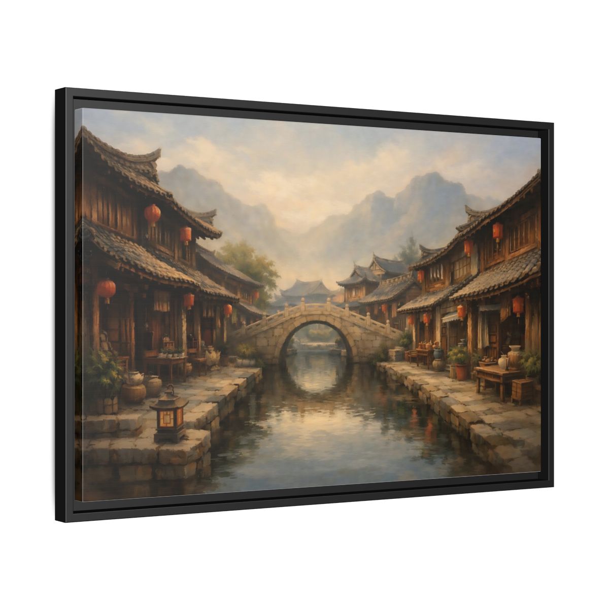 Side Mockup 14. Vintage Ancient Village Asian Village Landscape shown as stretched canvas wall art